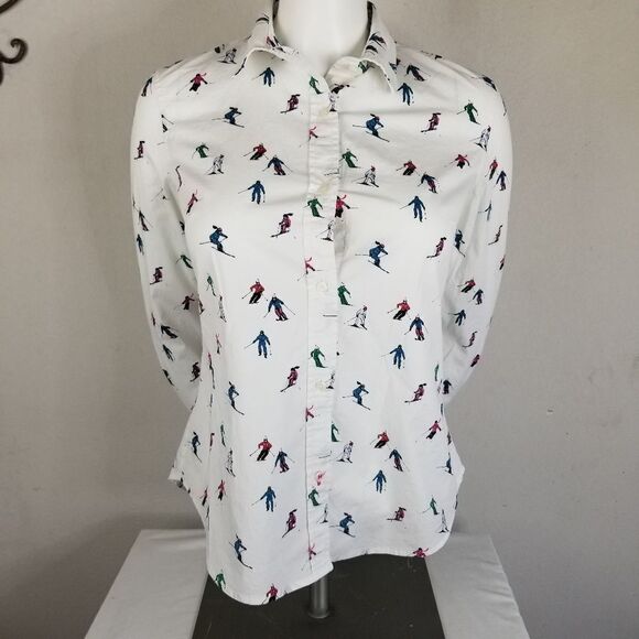 1901 Skier Print Button‎ Front Long Sleeve Blouse - Picture 1 of 9